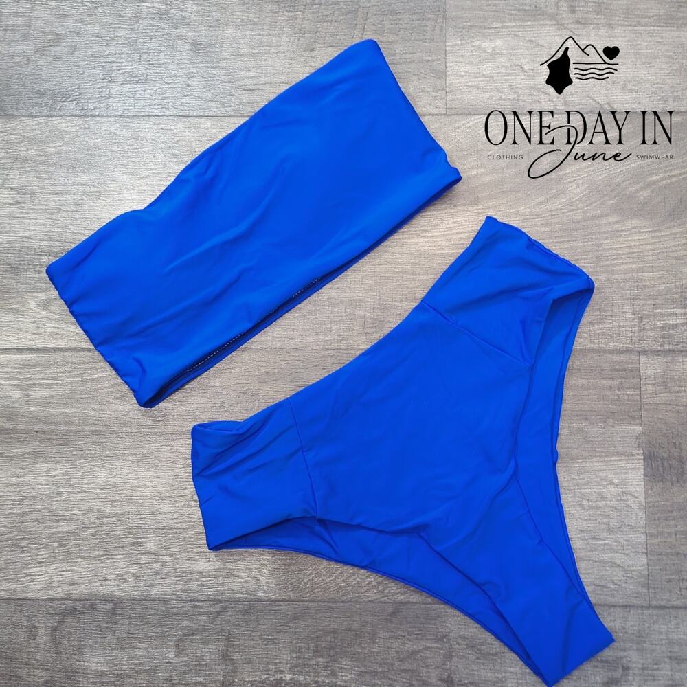 CharmLeaks Bandeau Bikini Swimsuit Royal Blue Strapless High Waist Size M